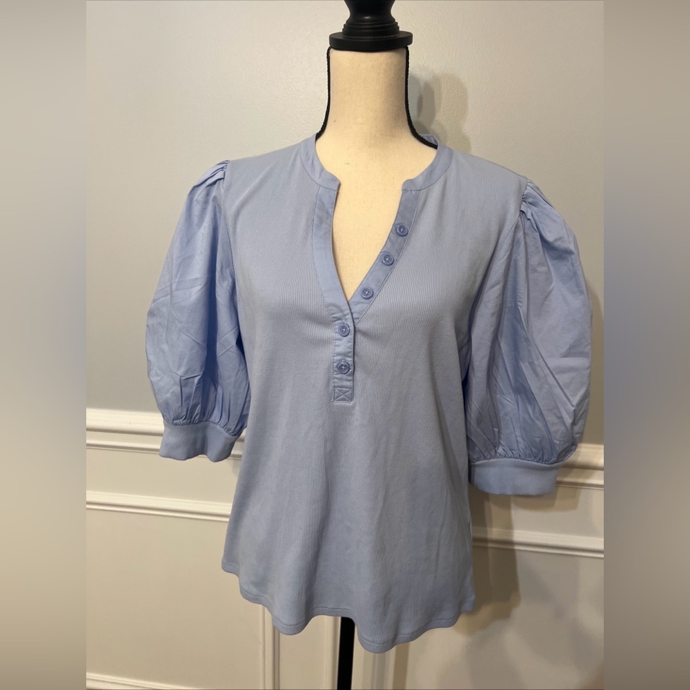 Express Periwinkle Blue V Neck Cotton 1/2 Puffer Sleeve Ribbed Shirt XL